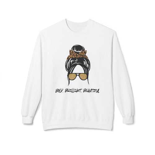 Bold Brilliant Beautiful Graphic Messy Bun Leopard Sunglasses Crewneck Sweatshirt