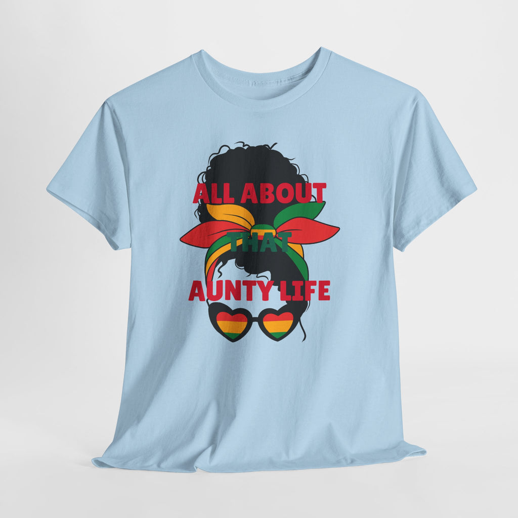 Aunty Life Tee – "All About Aunty Life" Graphic T-Shirt (Tropical Heart Sunglasses)