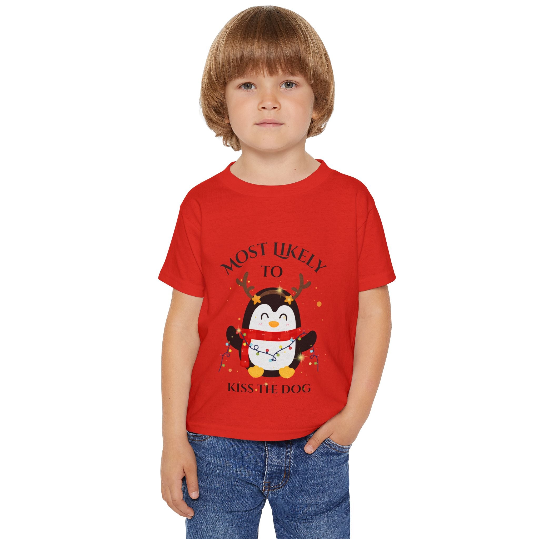 Cute Toddler T-Shirt with Penguin Design, Most Likely to Kiss the Dog, Funny Kids Tee, Christmas Gift, Animal Lover Shirt, Toddler Apparel