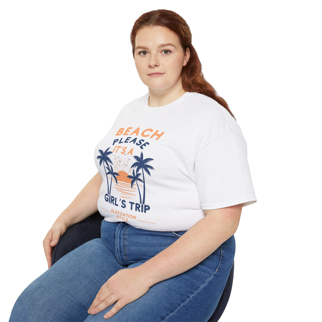Beach Please It's a Girl's Trip Tee — Tropical Palm Sunset Vacation Shirt