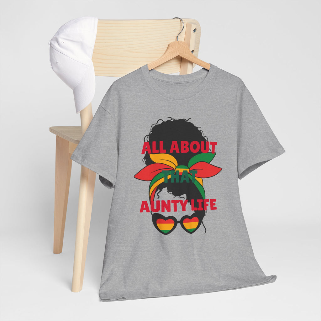 Aunty Life Tee – "All About Aunty Life" Graphic T-Shirt (Tropical Heart Sunglasses)