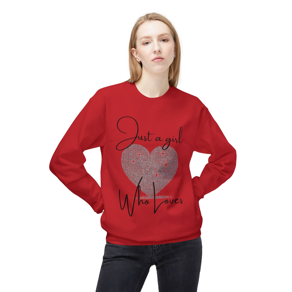 Crewneck Sweatshirt - Glitter Heart "Just a girl who loves" Cozy Graphic Pullover