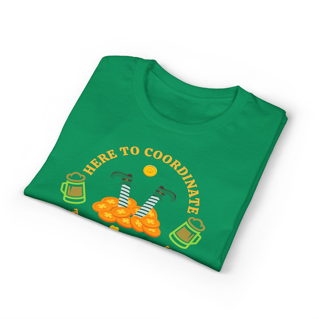 St. Patrick's Day 'Here to Coordinate the Shenanigans' T-Shirt — Leprechaun Legs & Beer Graphic