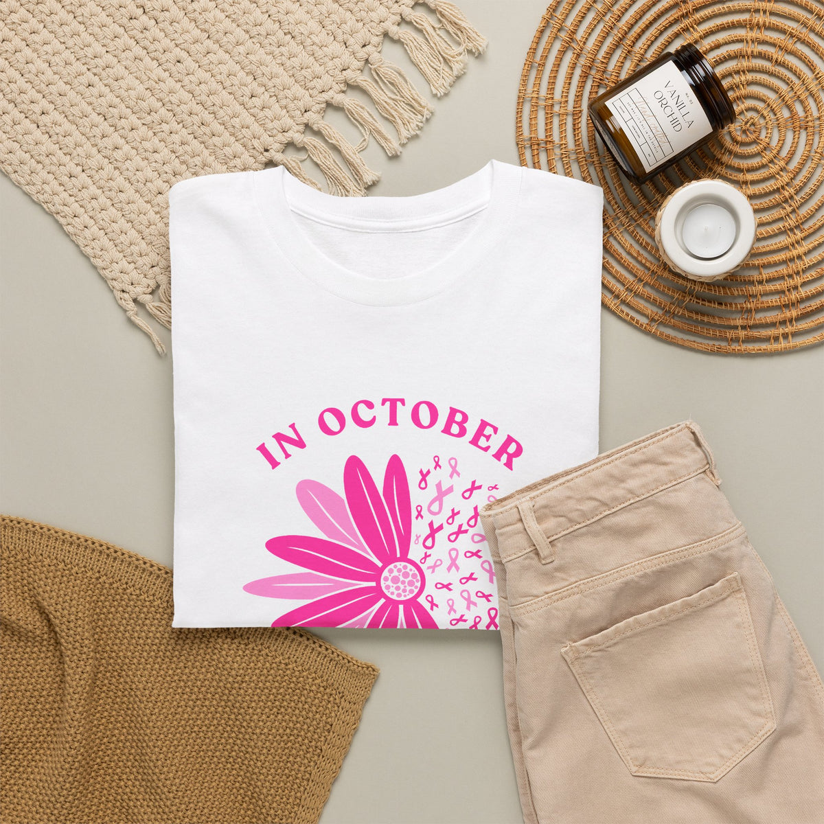 Breast Cancer Awareness Tee — "In October We Wear Pink" Floral Design