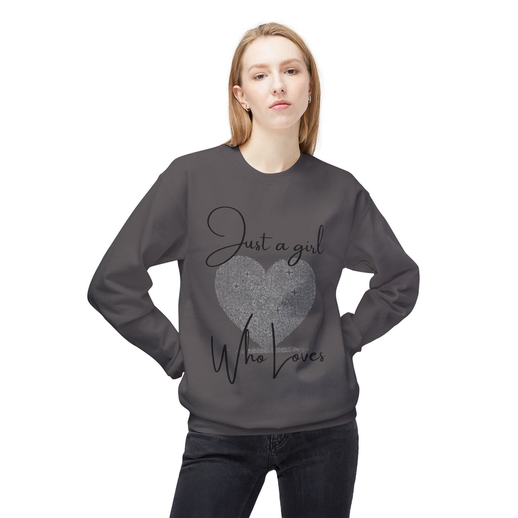 Crewneck Sweatshirt - Glitter Heart "Just a girl who loves" Cozy Graphic Pullover