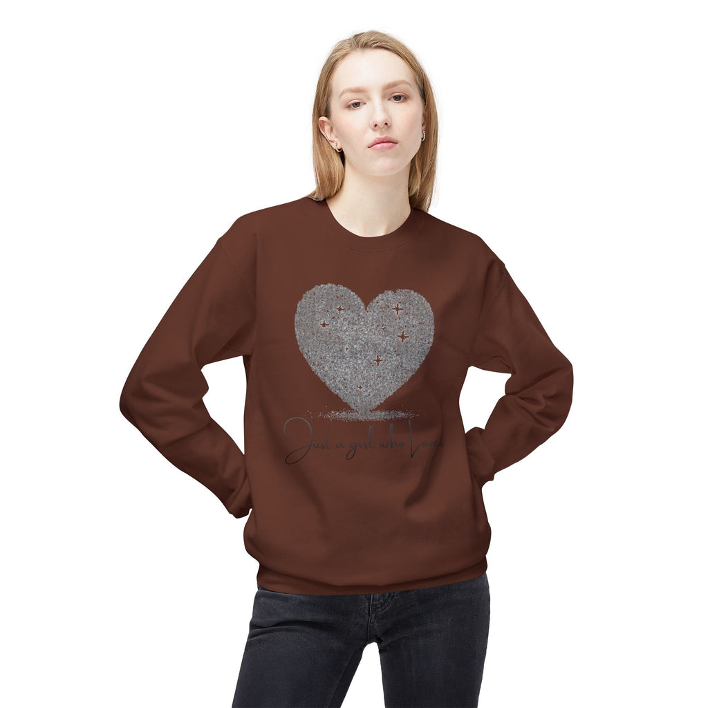 Crewneck Sweatshirt - Glitter Heart "Just a girl who loves" Cozy Graphic Pullover