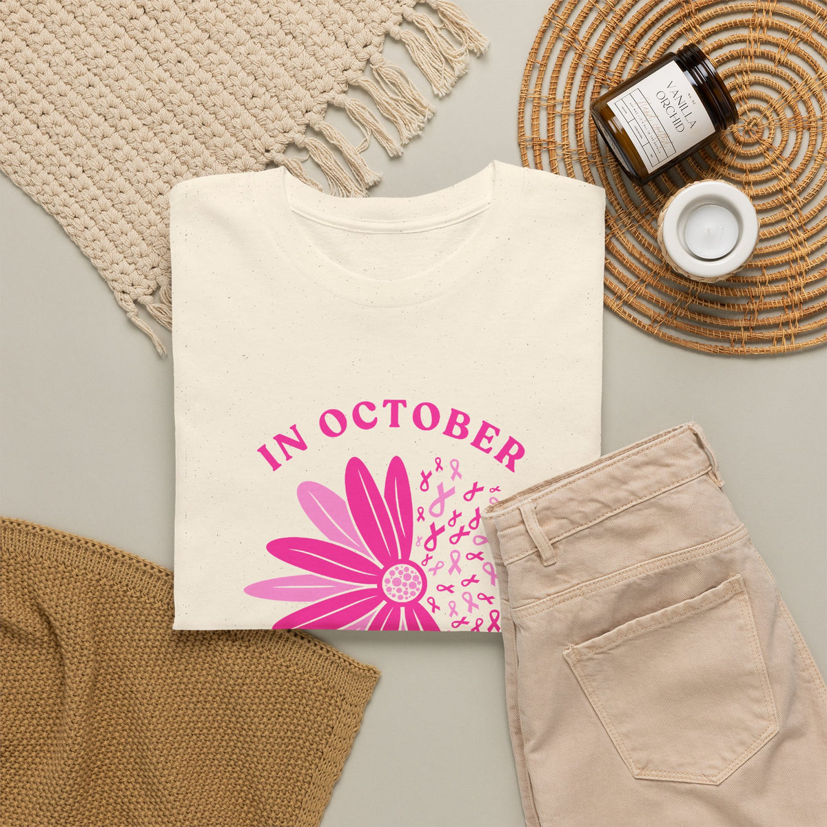 Breast Cancer Awareness Tee — "In October We Wear Pink" Floral Design
