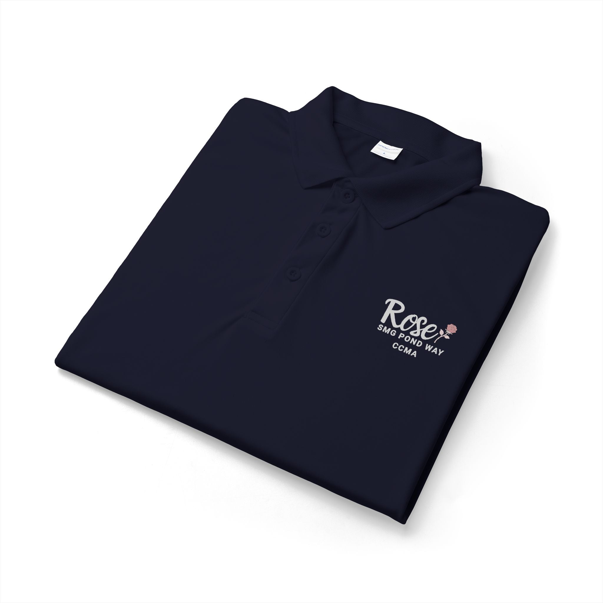 Rose Women's Polo Work Shirt White Script with a Rose