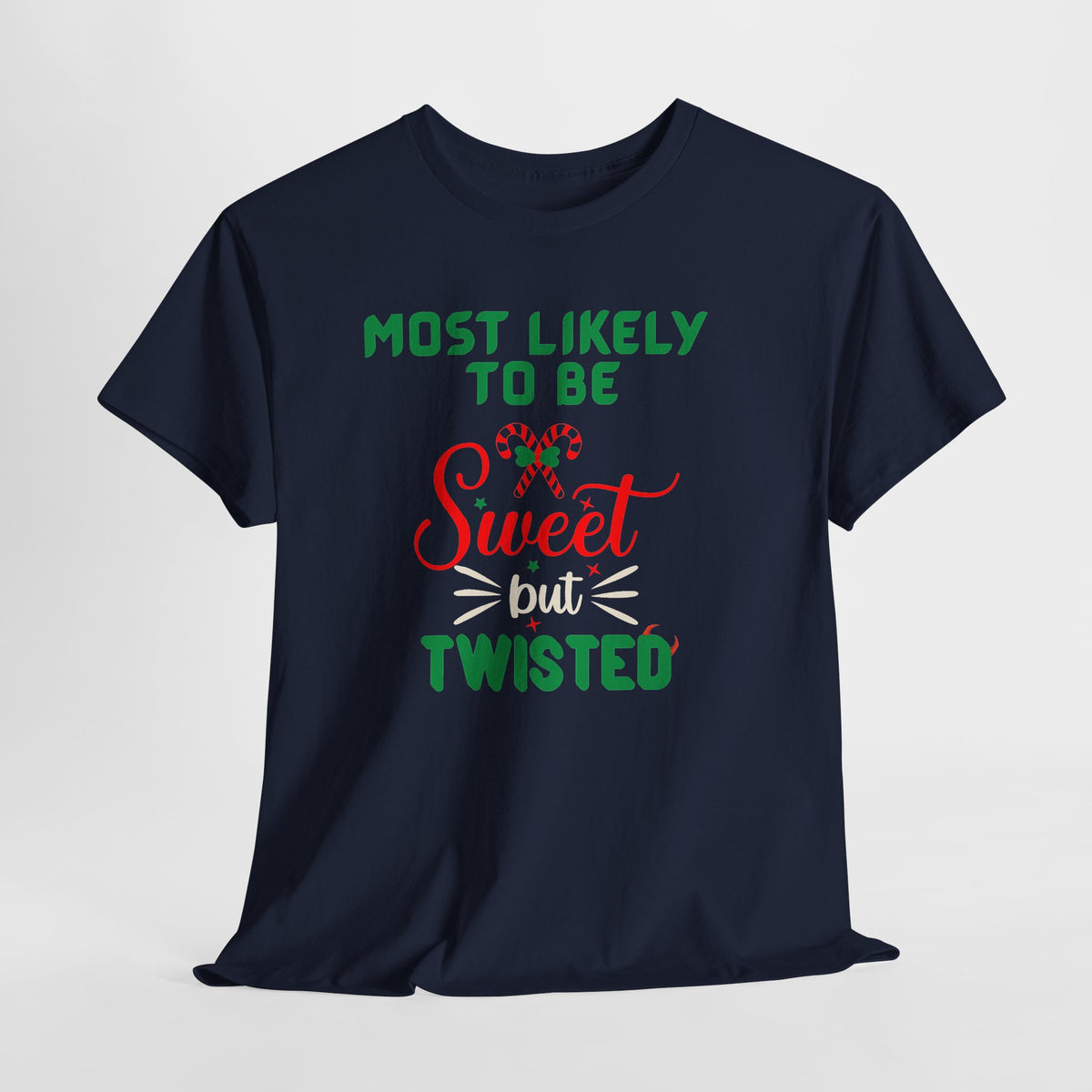 Most Likely to Be Sweet Twisted Christmas Candy Cane T-Shirt
