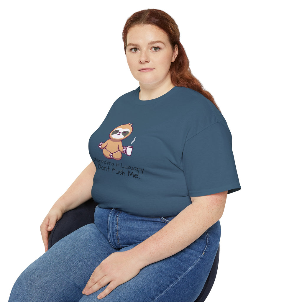 Marinating in Luxury Sloth Tee — "Don't Rush Me" Cute Coffee T-Shirt