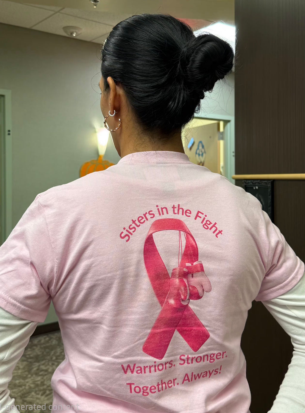 Breast Cancer Awareness Tee —Front of Tee “Our Fight Is Her Fight” and Back of Tee-Pink Ribbon "Sisters in The Fight" Support Shirt